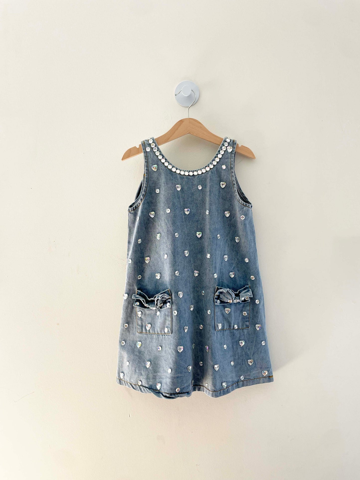 Lola + The Boys Crystal Heart Denim Bow Dress / 6Y