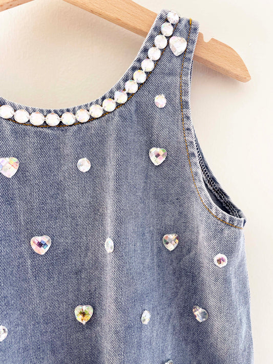 Lola + The Boys Crystal Heart Denim Bow Dress / 6Y